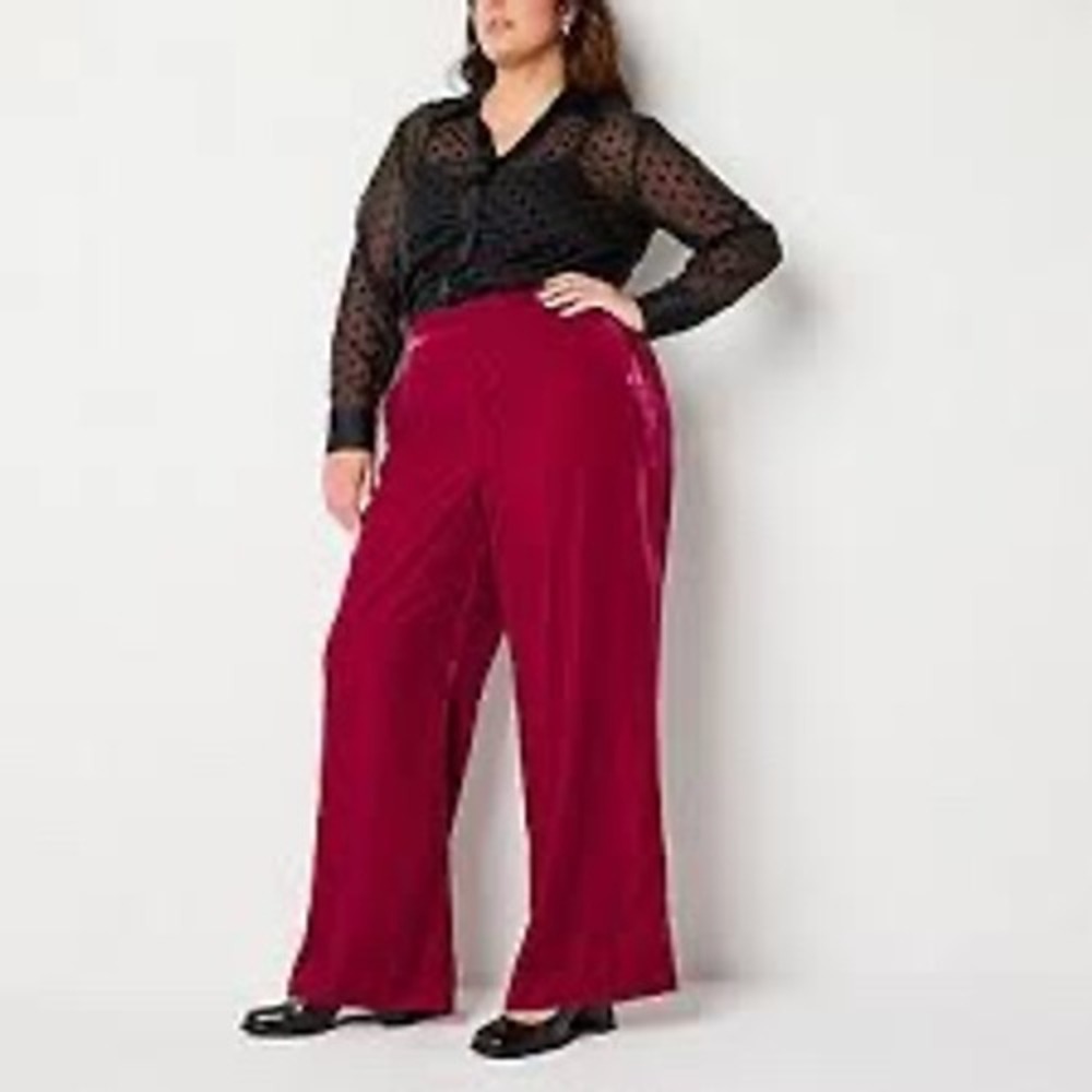 Worthington Red Velvet Wide Leg Pants Elastic Waist Size S Holiday